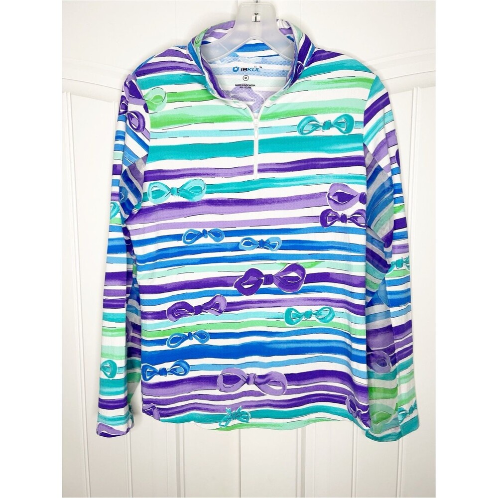 IBKUL Long Sleeve Mock Neck Top Women’s Medium Stripes Bows Blue Purple Green